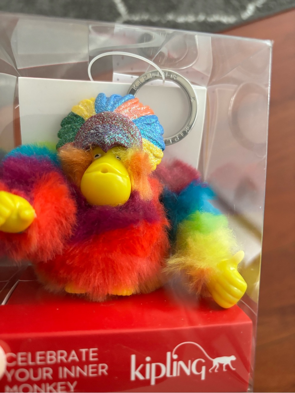 Kipling Rainbow Plush Monkey Key Ring with Yellow Face and Hands